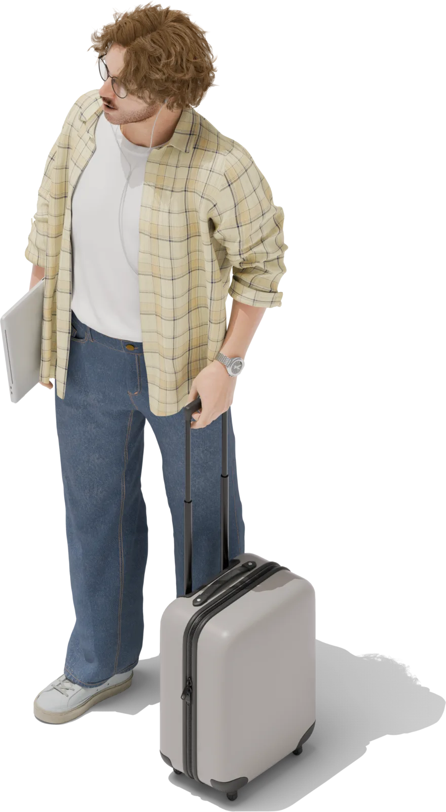A traveller with a rolling suitcase looking over their shoulder