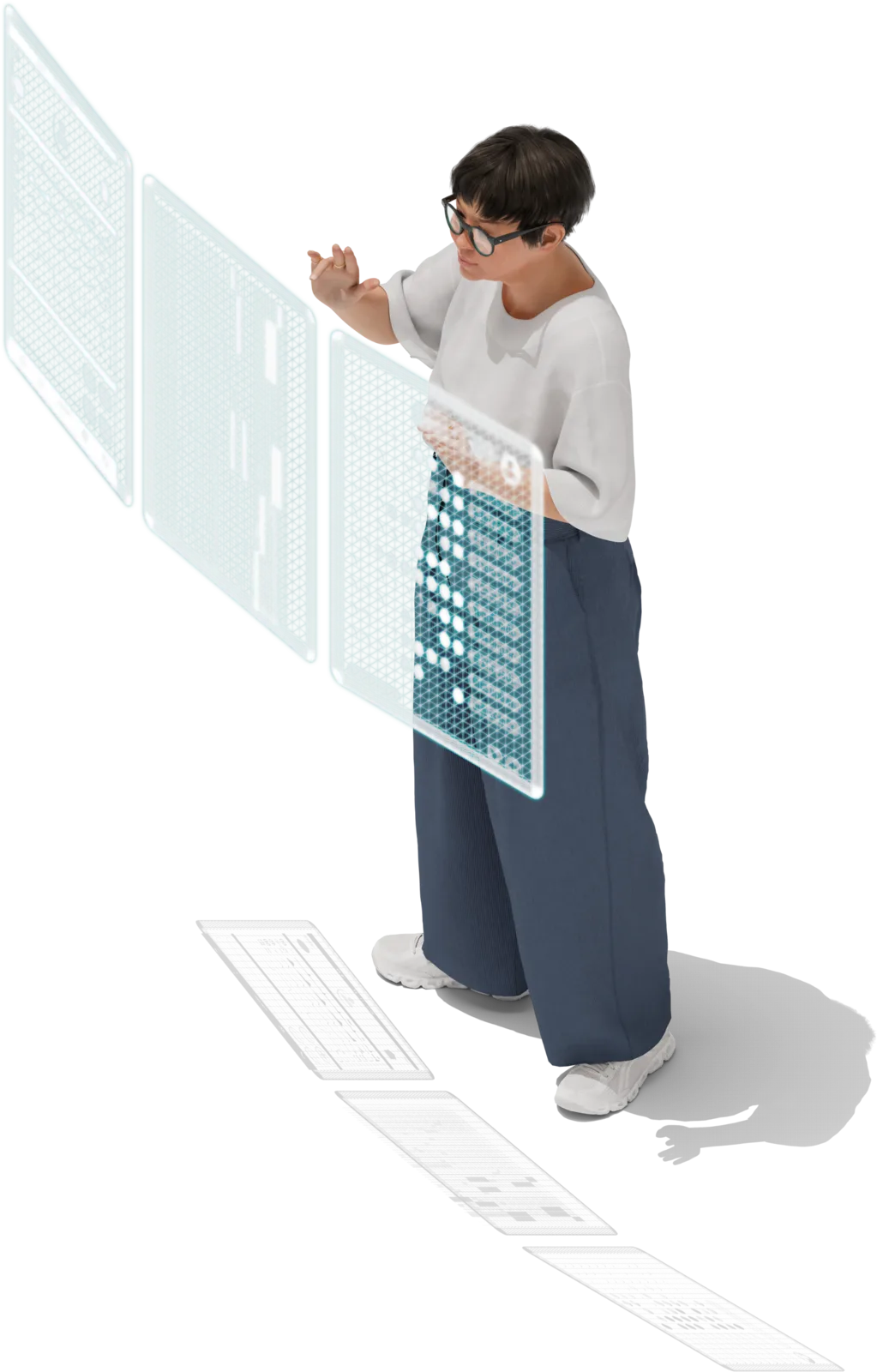 A person arranging translucent floating interface panels